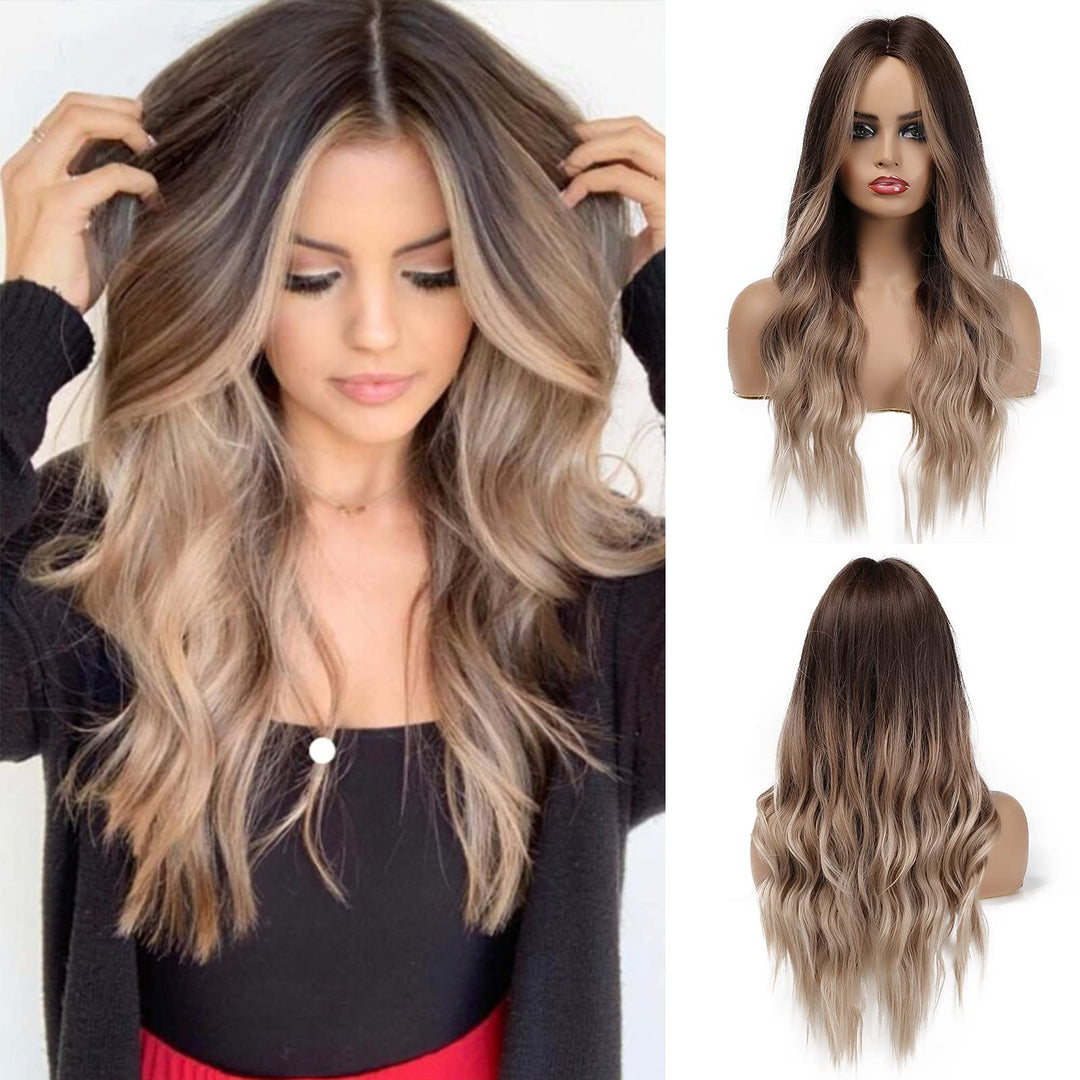 Esmee 20 Inches Ombre Blonde Wig With Bangs Synthetic Long Wavy Wigs For Women Brown Roots Blonde Hair