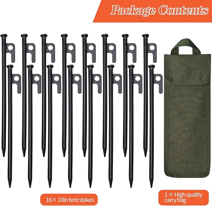 16 Pack Tent Stakes, 10in Tent Stakes Heavy Duty with Storage Bag, Forged Steel Tent Pegs for Camping Unbreakable and Inflexible(16pcs 10in Stakes)