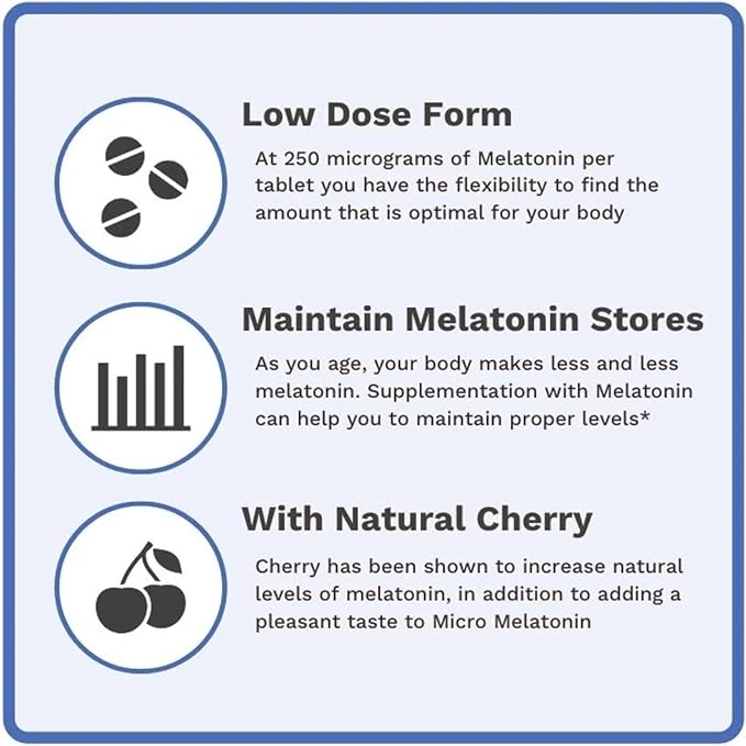 Micro Melatonin | Low Dose Melatonin 250mcg | with Natural Cherry | Safe for Kids | Made in The USA | 120 Tablets