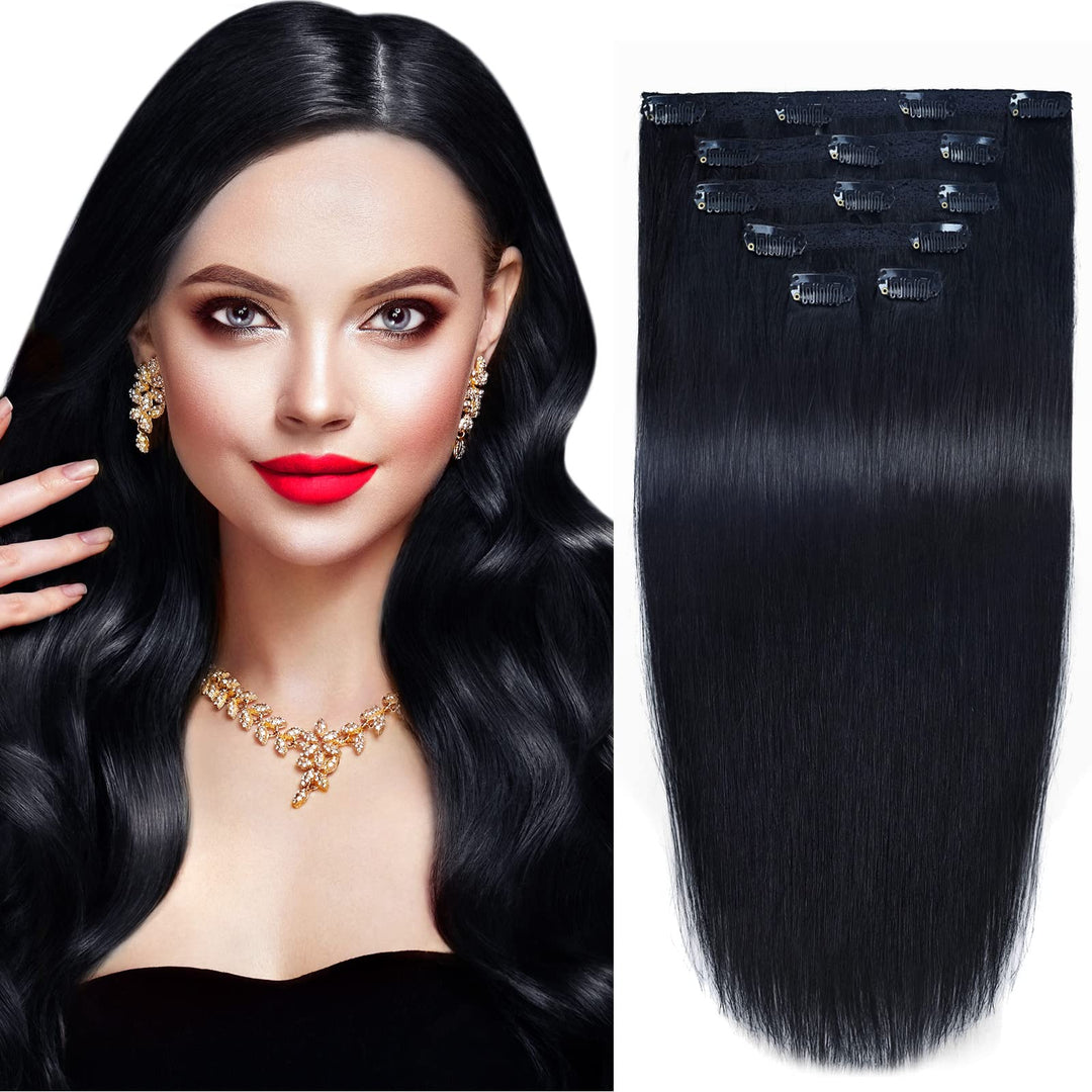 18''Clip In Remy Human Hair Extensions Double Weft Thick To Ends Jet Black(#1) 6Pieces 70Grams/2.45Oz