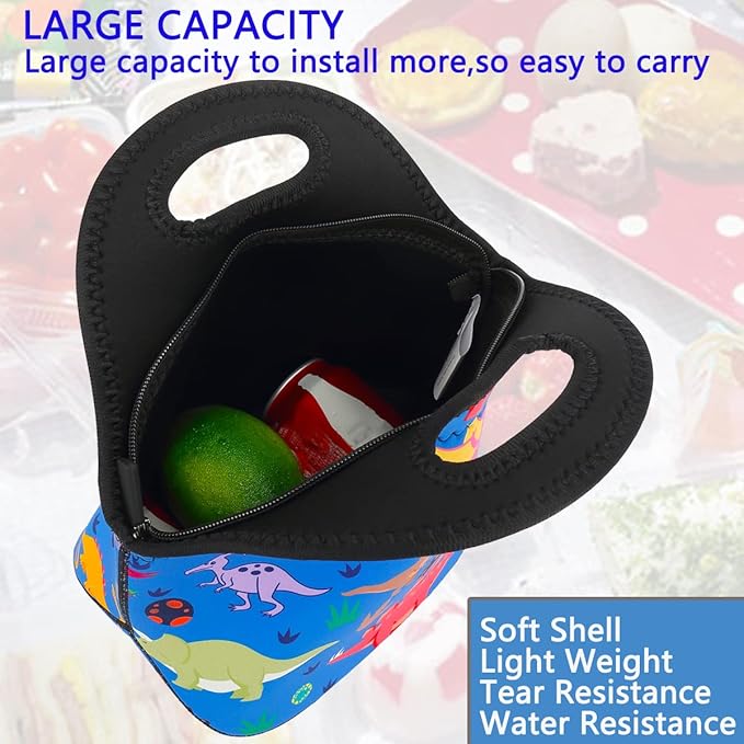 FlowFly Neoprene Kids Lunch box Insulated Soft Bag Mini Cooler Thermal Meal Tote Kit for Boys, Girls,Men,Women,School,Work, Office, Dinosaur