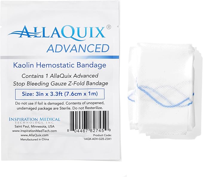 Advanced Kaolin Hemostatic Bandage – Sterile Z-Fold Clotting Gauze (3 in. x 3.3 ft) | Stops Bleeding Fast for Emergency, Trauma, First Aid, and Survival Kits (1-Pack)