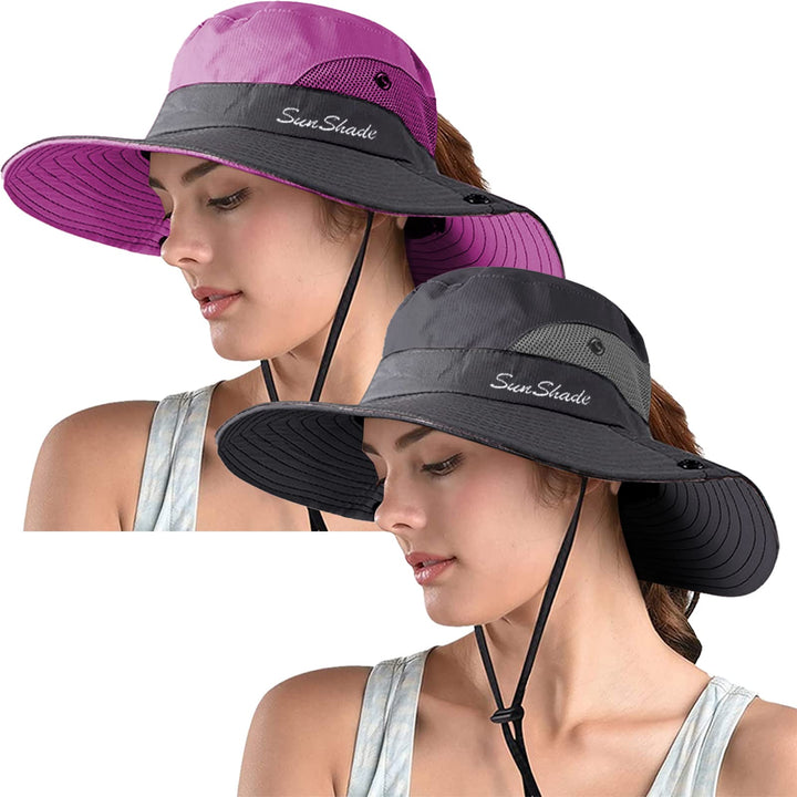ZOORON 2 Pack Women's Ponytail Safari Sun Hat,Wide Brim UV Protection Outdoor Bucket Hat,Foldable Beach Summer Fishing Hat