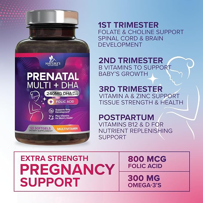 Prenatal Vitamins for Women with Folate & DHA, Prenatal Multivitamin Supports Brain Development with Folic Acid, Omega 3, Vitamin A, C, D, B6, B12 & Iron, Pregnancy Supplement, Non-GMO - 120 Softgels