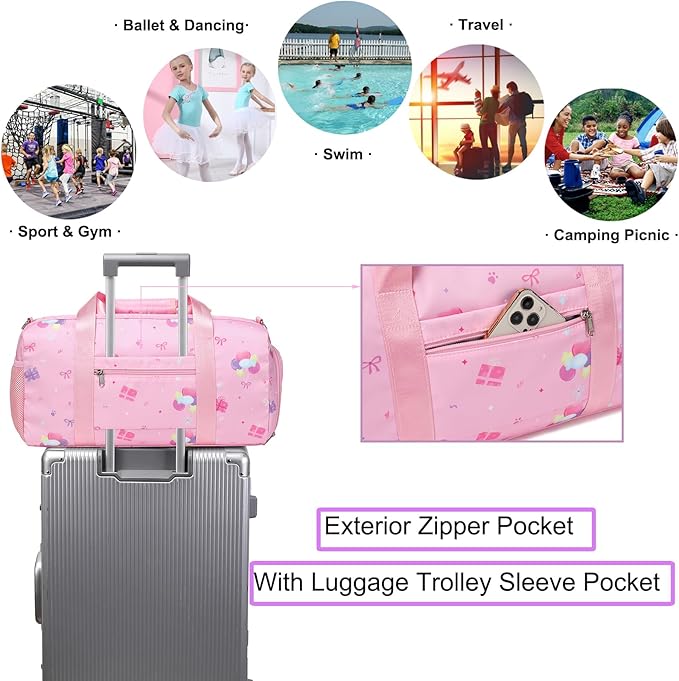 Duffle Bag Girls Kids Cute Cat Dance Bag Gym Bag with Shoes Compartment & Wet Separation Waterproof Sports Overnight Travel Bag