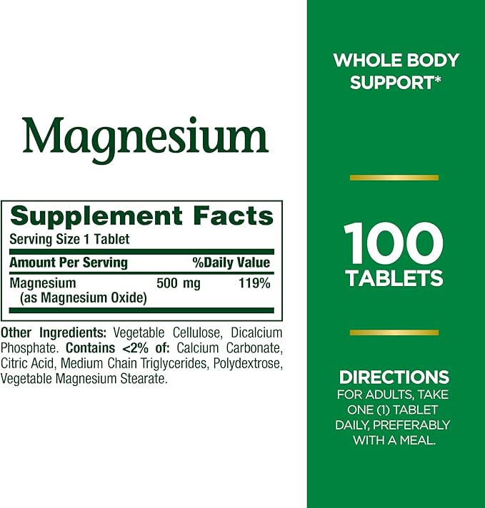 Nature's Bounty Magnesium, Mineral Supplement, Supports Bone and Muscle Health, 500 mg, Coated Tablets, 100 Count (Pack of 2)