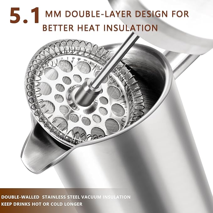 12 OZ French Press Coffee Maker, Sturdy Insulated Full Stainless Steel Coffee Press, Mini Small Camping French Presses Maker, 1-2 Cup Teapot for Kitchen Travel Elegant Silver 350ml