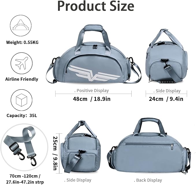 FIORETTO 30L Sports Gym Duffle Bag with Wet Pocket & Shoe Compartment, Weekender Hospital Overnight Bag for Women, Sports Holdall Backpack