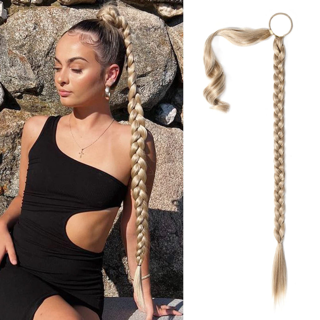 Seikea Upgraded Long Braid Ponytail Extension With Elastic Tie Straight Sleek Wrap Around Braid Hair Extensions Ponytail Blonde