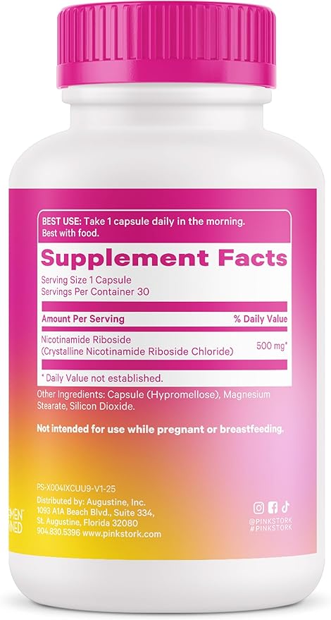 Pink Stork 500 mg NAD+ Supplement for Women - Healthy Aging Support - Cellular Regeneration for Energy, Cognitive Wellness, Skin Health - Clinically Studied Nicotinamide Riboside, 30 Capsules
