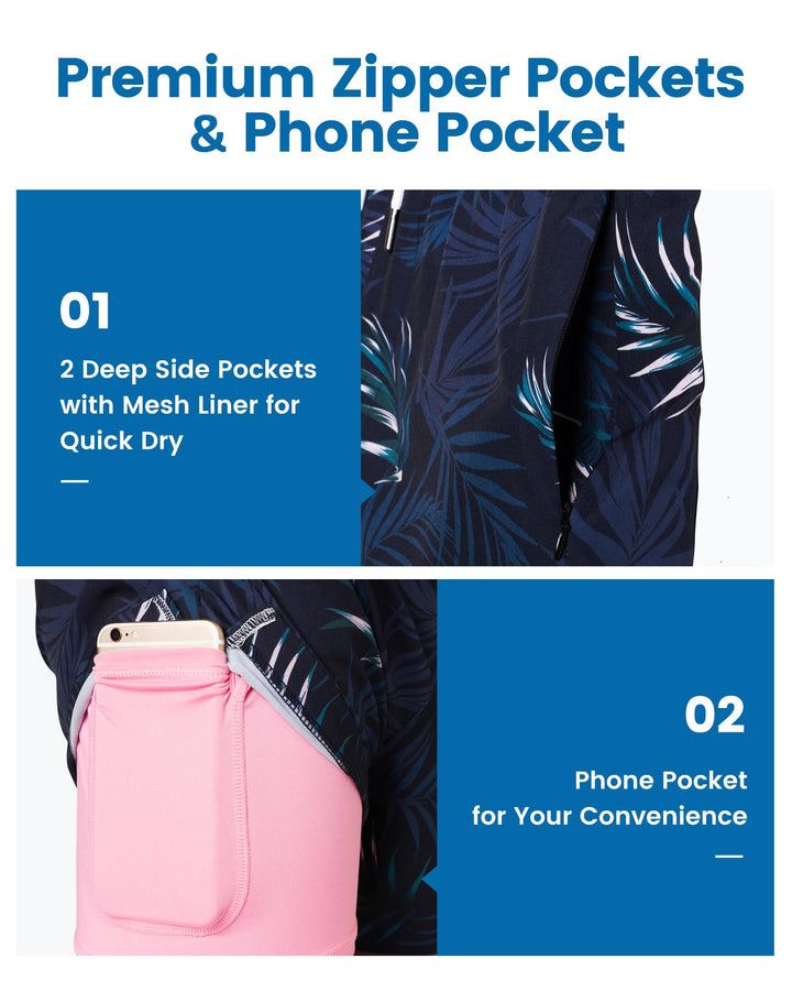maamgic Mens Swim Trunks with Compression Liner 5" Stretch Athletic Swimming shorts Quick Dry with Zipper Pockets No-Chafing Board Shorts Navy-Pink Leaf Silhouette X-Small