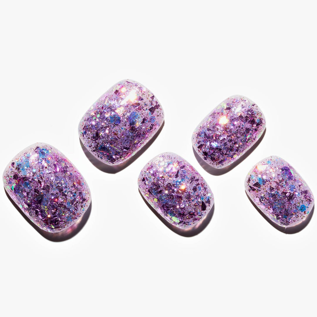 GLAMERMAID Extra Short Press on Nails, Glitter Purple Fake Nails Short Squoval, Natural Round Square Glue on Nails Glossy Gel, Acrylic False Nail Kits for Women, Reusable Stick on Full Cover Nails