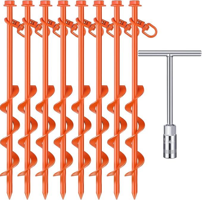 8 Pcs Ground Anchors Screw in, 12 Inch Heavy Duty Tent Stakes with Trampoline Anchor Hook Ground Stakes for Camping Tent Canopies Ports Sheds Swing Sets Securing Animals (Orange)