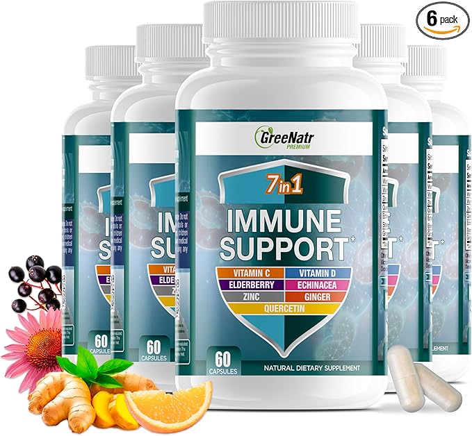 7 in 1 Immune Support Supplement with Vitamin C, Vitamin D3, Zinc 50mg, Quercetin, Echinacea Purpurea, Sambucus Elderberry and Ginger for Complete Immune Defense - 60 Capsules (6 Bottles)