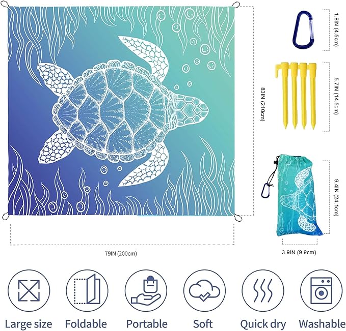 Beach Blanket, Waterproof Sandproof Beach Mat Oversized 79 X 83 Inch for 4-6 Adults, Lightweight Picnic Blanket, Portable Picnic Mat for Outdoor Travel Camping Hiking with 4 Stakes & 4 Corner Pocket