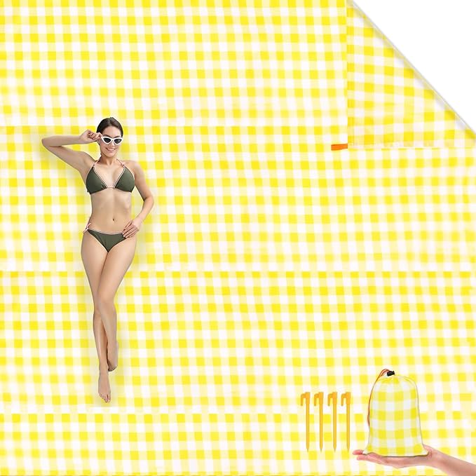 Beach Blanket Beach Mat, Sandproof Waterproof Beach Mat, Picnic Blanket, Extra Large 55x79 in (3-5 People) Picnic Blanket with 1 Storage Bag & 4 Fixed Nails for Beach, Camping, Hiking, Picnic