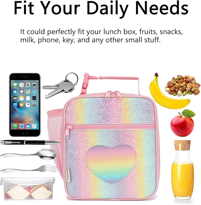 Lunch Box for Kids Boys Girls Men Women, Insulated Small Soft Cooler Lunch Bag Kit for School Work Picnic Travel - Reusable Portable lunchbox,Rainbow Heart