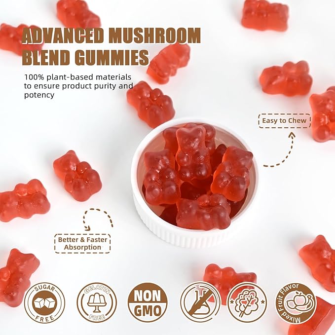 Mushroom Gummies Supplement with Ashwagandha - Lion Mane Mushroom Supplement for Adults Kids with Reishi Cordyceps Brain Supplements for Memory and Focus Organic Vegan Non GMO Mixed Fruit Flavor 60CT