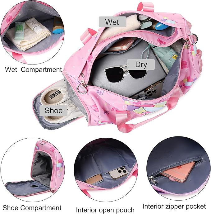 Duffle Bag Girls Kids Cute Cat Dance Bag Gym Bag with Shoes Compartment & Wet Separation Waterproof Sports Overnight Travel Bag