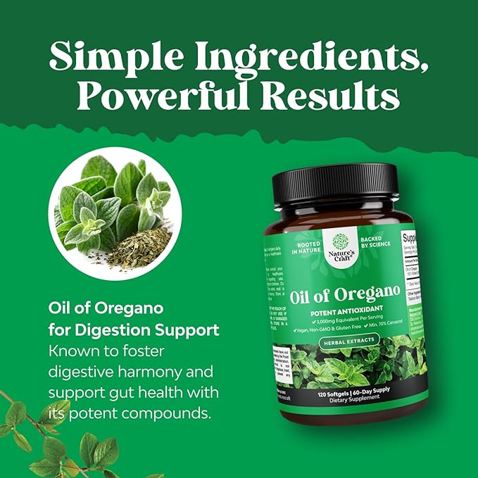 Vegan Wild Oregano Oil Softgels - Super Concentrated Oil of Oregano Softgels with 3000mg Herbal Equivalent and Min 70% Carvacrol for Gut Heart Detox and Immune Support - Vegan & Non-GMO (180CT)