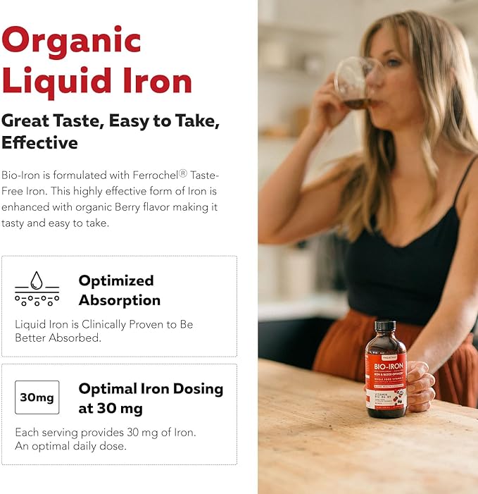Liquid Iron Supplement | Organic Certified, Berry Flavor - Whole Food Vitamin C Absorption Boost & Blood Building B Vitamins - Methyl B12, L-Methylfolate & B6 - Supports Healthy Iron Levels - 7.6 oz