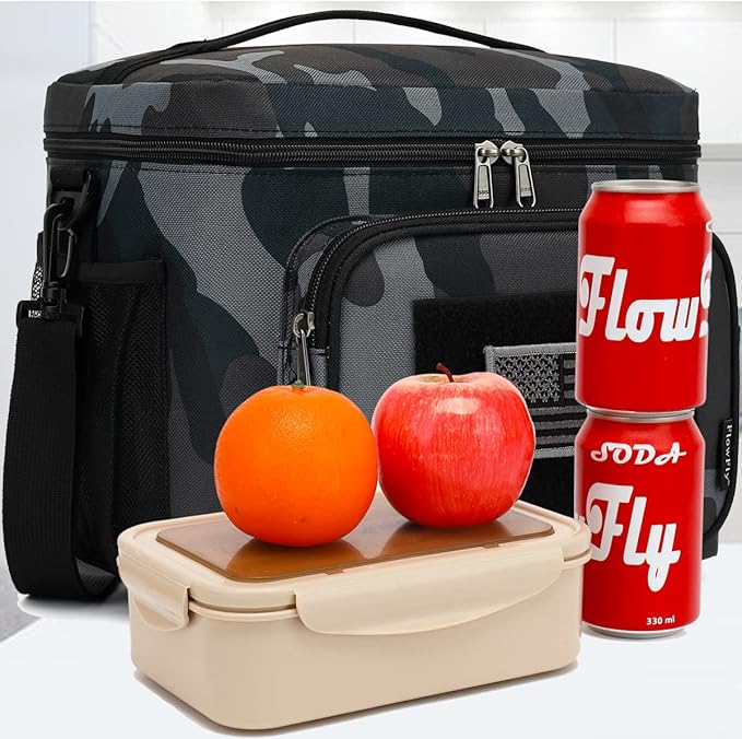 FlowFly Lunch Bag, Insulated Cooler, Thermal Lunch Box Tote with MOLLE/PALS Webbing, Adjustable Padded Shoulder Strap, for Tactical Men Women Adults and Boys Girls Kids (Black#Camo, Large)