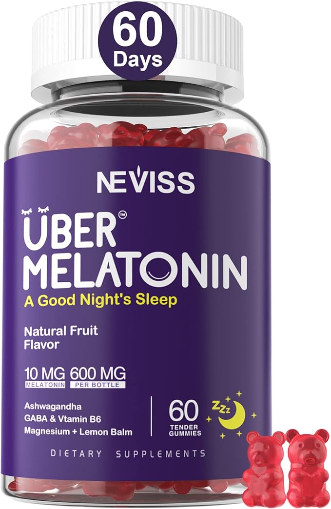 Melatonin Gummies 10mg 20mg for Adults, Melatonin 10 mg per Gummy with Ashwagandha, Magnesium Glycinate, GABA, L-theanine, Valerian Root and Lemon Balm, Rest Support Supplement, Grape Flavor, 60 Cts
