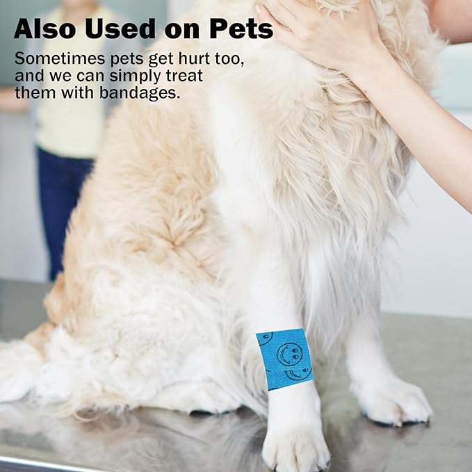 Cohesive Bandage First Aid Tape - Self Adherent Wrap Adhesive Bandages - Colorful Bandages (Blue Smile, 2-Inch)