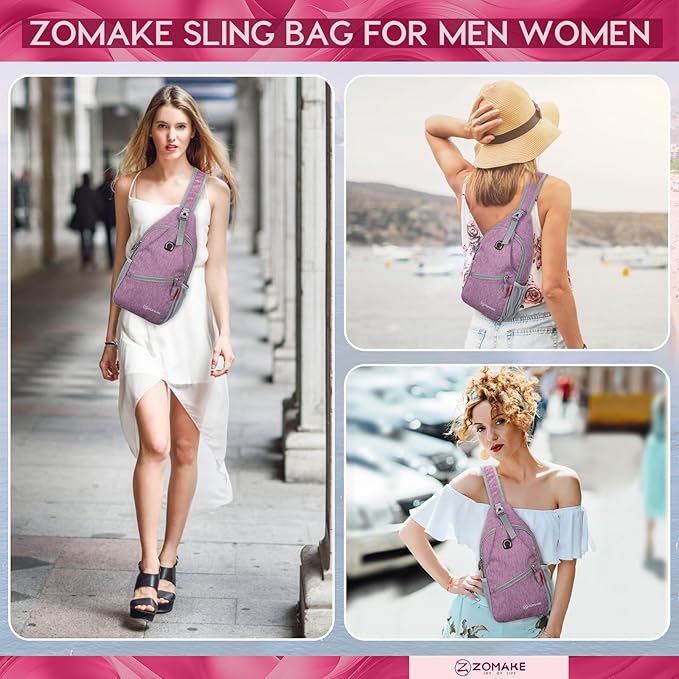 ZOMAKE Small Sling Bag, Travel Sling Backpack, Waterproof Hiking Cycling Crossbody pack for Men Women(Purple)