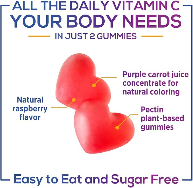 Zero Sugar Vitamin C Gummies - Immune Support & Antioxidant VitaminC Dietary Supplement - Vegan, Non-GMO, Dairy & Gluten Free C Vitamin Gummy - Raspberry Flavor for Kids & Adults - 60 Count Gummies