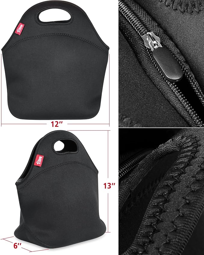 yookee home Waterproof Lunch Bag Double Layer Leakproof Neoprene Insulated Lunch Bag Freezable Black Reusable Thermal Lunch Cooler Tote Lunch Box for Boys Men Women Adult Kids for Work Outdoor