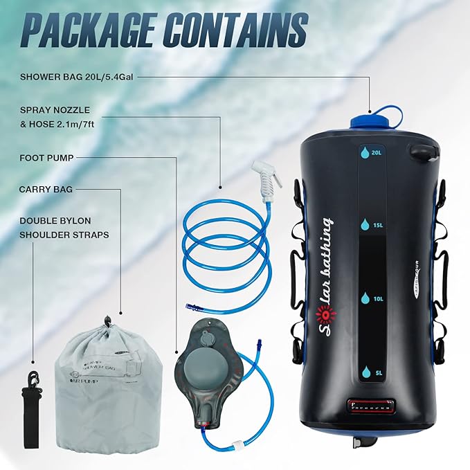 Portable Camping Shower Bag, 20L/5.4 Gallons Solar Shower Bag with Pressure Foot Pump and Shower Nozzle for Beach Camping Swim Travel Hiking Trip