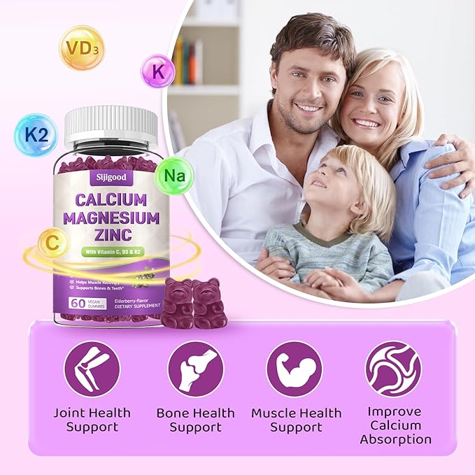 2 Pack Calcium Magnesium Zinc Gummies with Vitamin C D3 K2, Calcium Gummies for Bone, Muscle, Calm & Zzz Support, High Absorption Formula with Magnesium Zinc Potassium, Elderberry Flavored 120 Cts