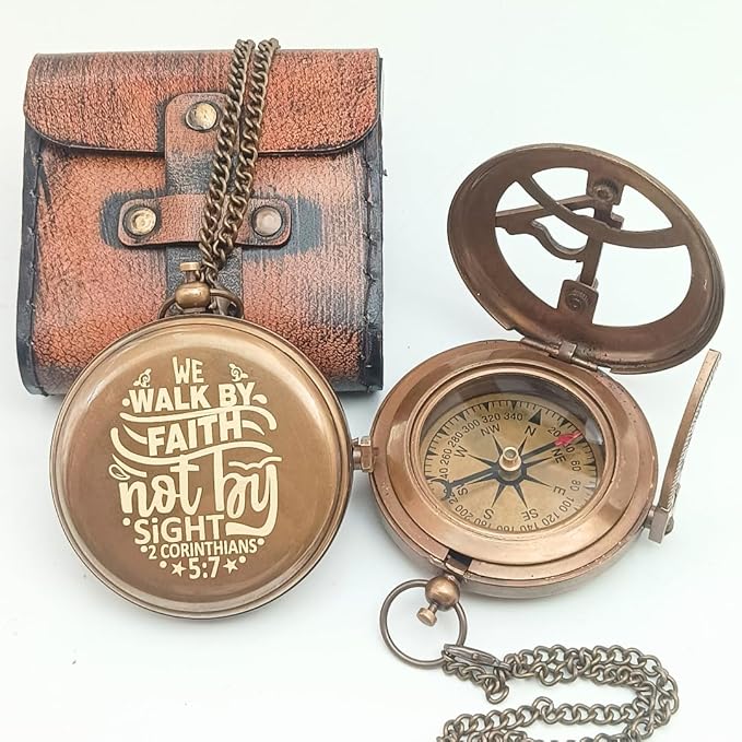 Behinde You Engraved Sundial Compass with Leather case. We Walk by Faith Not by Sight Corinthians 5:7 Compass. Personalized Brass Pocket Compass Gifts for Men, Him, Son
