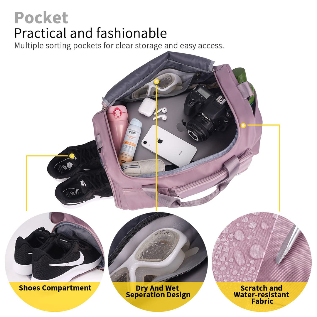 FIORETTO Women's Water-Resistant Gym Duffle Bag with Shoes Compartment, 37L Capacity, Multi-Functional, Ideal for Travel, Gym, Sports, Weekender, Pink