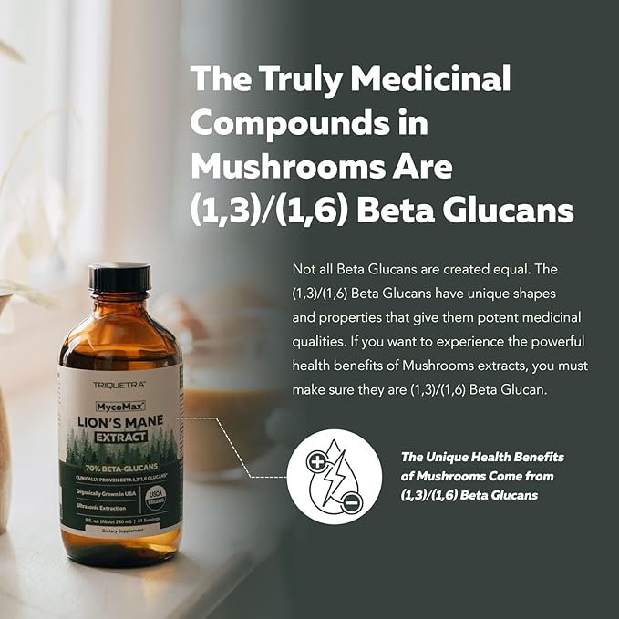 MycoMax Lions Mane Extract - 70% Beta Glucans, Max Potency Organic Lions Mane Supplement, US Grown + Ultrasonic Extraction - 500 mg per serving - Mental Clarity, Focus and Memory - 8 oz.
