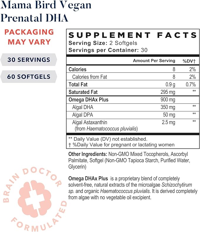 Best Nest Wellness Mama Bird Vegan Prenatal DHA - Brain & Eye Support Supplement for Baby - Vegan Prenatal Supplement with Algae DHA - Nutritional Supplement for Mom - 60 Softgels