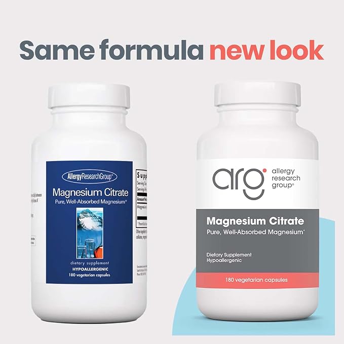 Allergy Research Group Magnesium Citrate Dietary Supplement - Bone & Stress Support, Well-Absorbed, Hypoallergenic, Vegetarian Capsules, Gluten Free - 180 Count