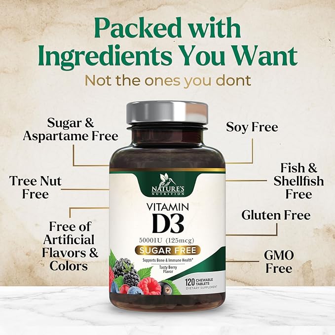 Vitamin D3 5000 IU (125 mcg) - Chewable Vitamin D Supplements for Bone, Teeth, Muscle & Immune Support, Sugar Free, Non-GMO, Gluten Free, Nature's Extra Strength D3 Vitamin - 120 Chewable Tablets