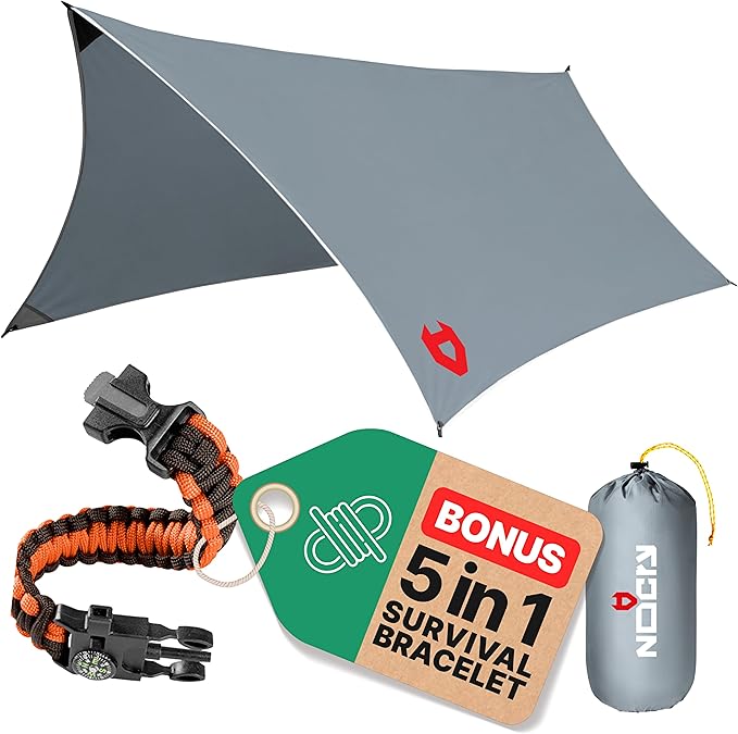 Rain Fly12x10 Lightweight Survival Camping Tarp; 100% Waterproof; Makes a Great Backpacking Tarp or Hammock Shelter; Comes in Multiple Colors, Survival Bracelet Included; Grey