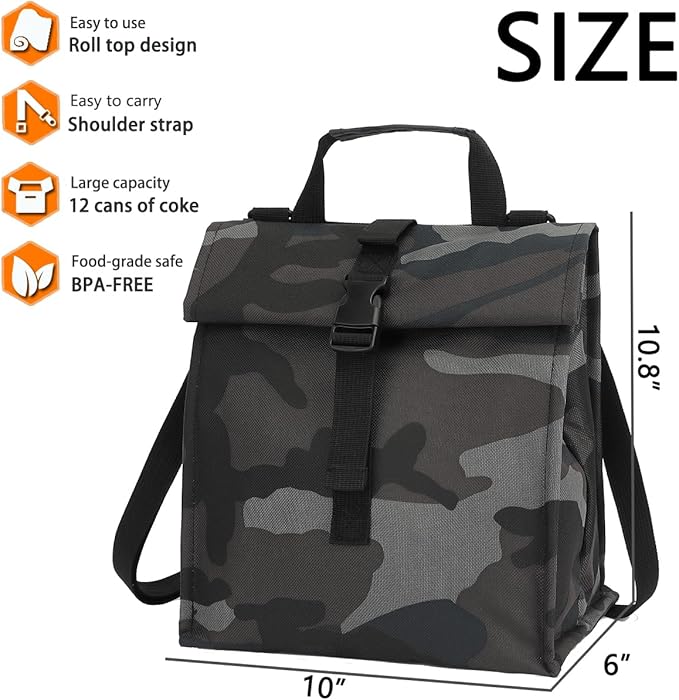 Insulated Lunch Bag for Men/Women,Roll top Reusable Lunch Box with Adjustable Shoulder Strap,Thermal Lunch Cooler Tote Container for Adults Work Office Picnic,Black Camouflage