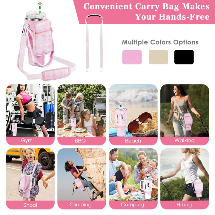 3 in 1 Water Bottle Carrier Bag with Pouch Pocket fits Stanley 40 oz Tumbler, Water Bottle Holder with Strap for Stanley Cup Accessories with Stainless Steel Straws, Straw Cover, Spill Proof Stoppers