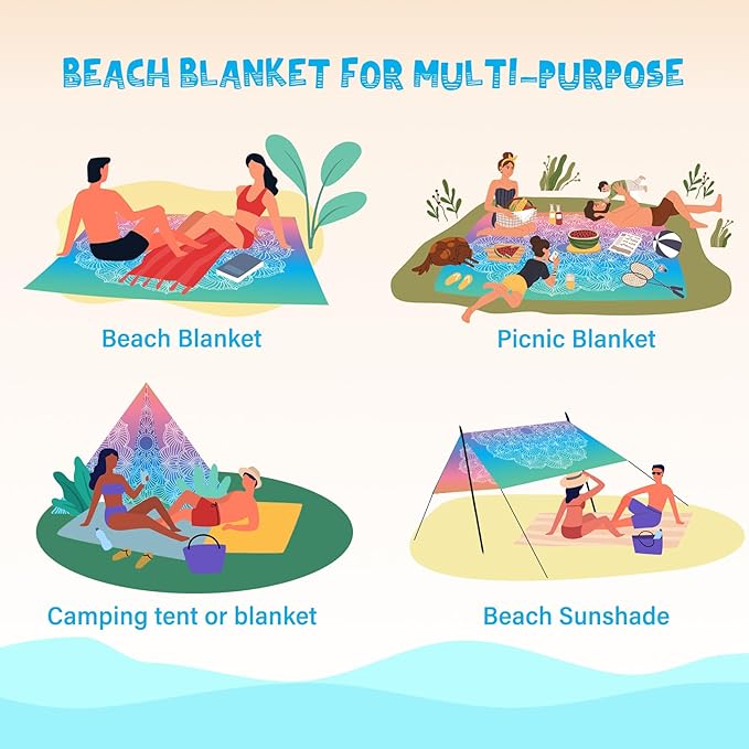 Beach Blanket Waterproof Sandproof 1-7 Adult Oversized 78 '' × 81 '' Lightweight Durable Compact Sand Free Beach Mat for Travel Camping Hiking Picnic Blanket Extra Large