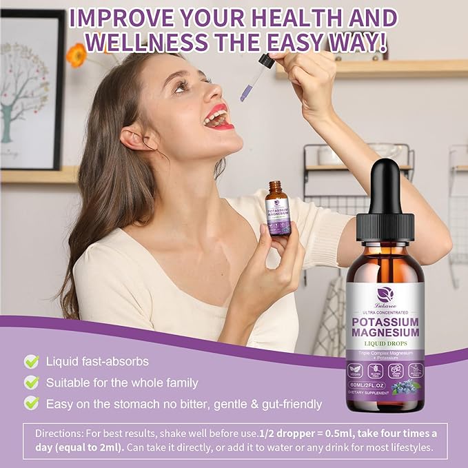 Potassium Magnesium Supplement Liquid w/Triple Complex Magnesium Glycinate & Potassium Plus Omega 3, Sea Moss, Black Seed, D3K2 & Calcium for Zzz, Leg Cramps & Muscle-2 FL OZ Drop