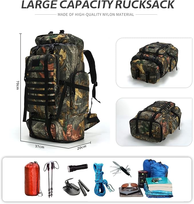 70L/100L Hiking Camping Backpack MOLLE Rucksack Waterproof Traveling Daypack Durable High-Performance Backpack for Backpacking (Leaf camo, 70L/100L)