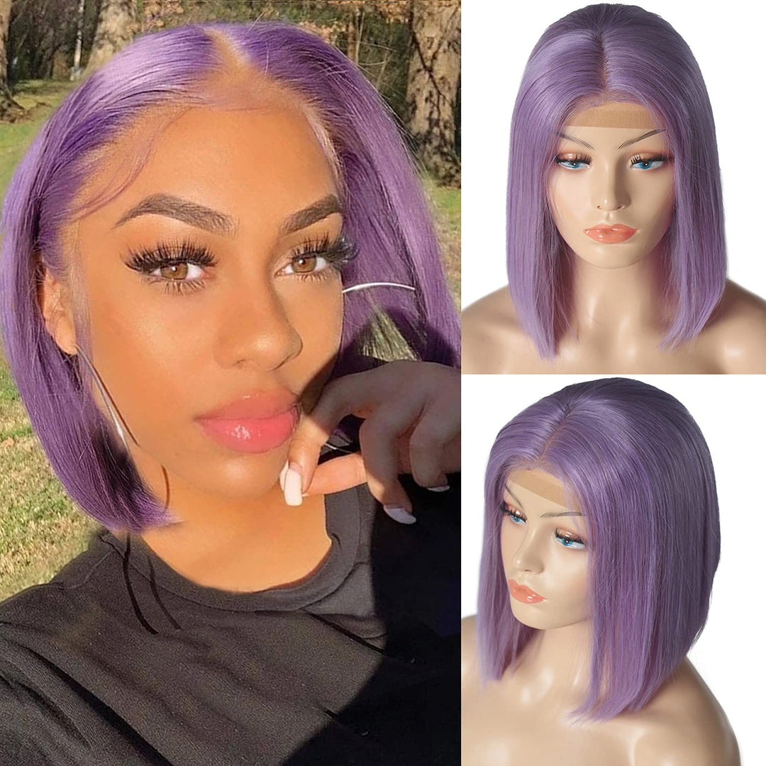 Smartinnov Lilac Bob Wigs Glueless Hd Transparent Virgin Human Hair Straight 8'' Pre Plucked 13X4 Hd Lace Front Wigs 180% Densit