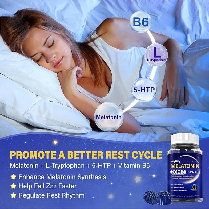 Melatonin 20mg Gummies for Adults - Max Strength Melatonin Gummy Supplement with Magnesium Glycinate, B6, B12, L-Theanine, GABA, 5-HTP & Herbs - Non-Habit Forming, Vegan, Natural Mixed Berry Flavor