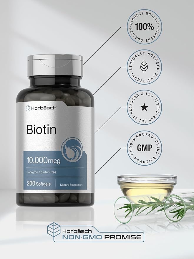 Horbaach Biotin 10000 mcg | 200 Softgels | Vitamin B7 Supplement | Non-GMO & Gluten Free