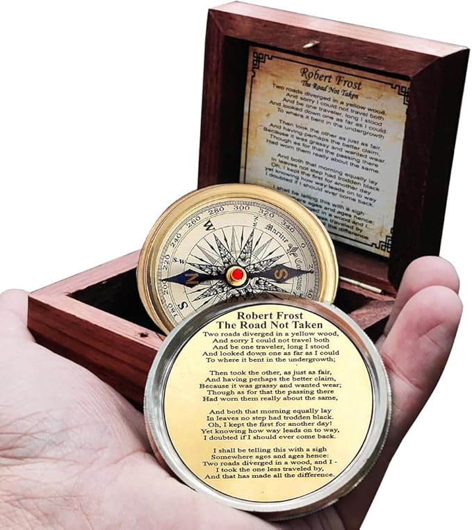 Antiqued Brass Robert Frost Poem Compass with Wooden Box, Inspirational Gifts for Woman, Aniversity Gifts for Men,Engraved Compass,Wedding for Boys, Pocket Compass for Hiking Survival