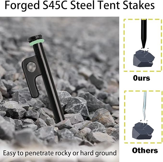 16 Pack Tent Stakes with Hammer, 8in Heavy Duty Tent Stakes + 10in Tent Stakes Hammer+Storage Pouch, Forged Steel Tent Stakes for Camping Used on Rocks(16Pcs 8in Tent Stakes and Hammer)